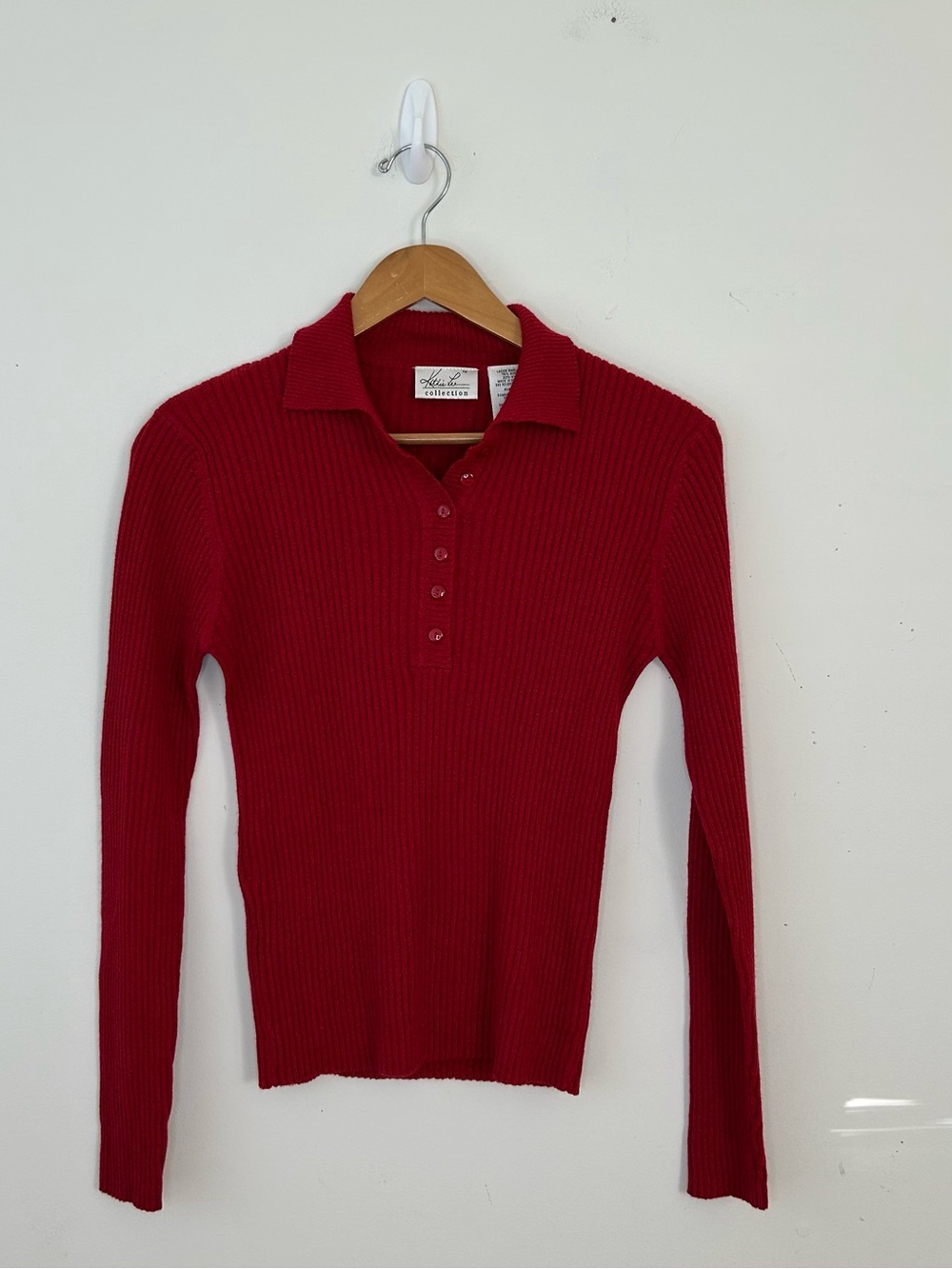 Kathie Lee Vintage 90s Y2K Red Ribbed Knit Collared Henley Sweater Top Small